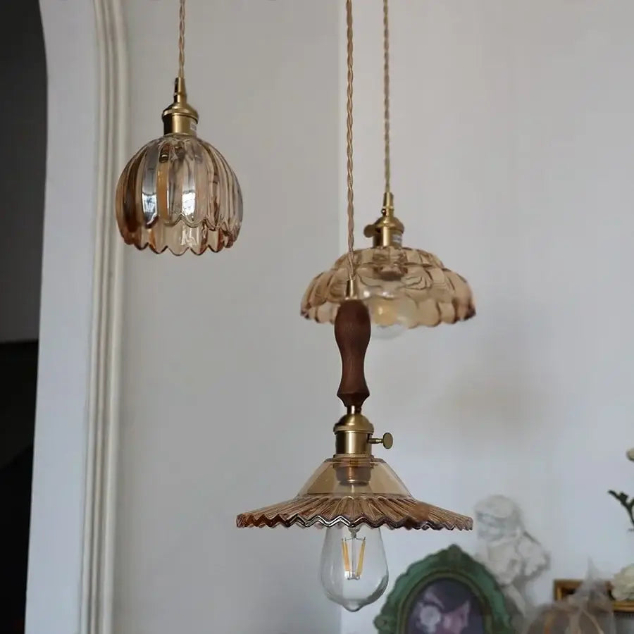 Vintage amber flower glass led pendant light dining room set