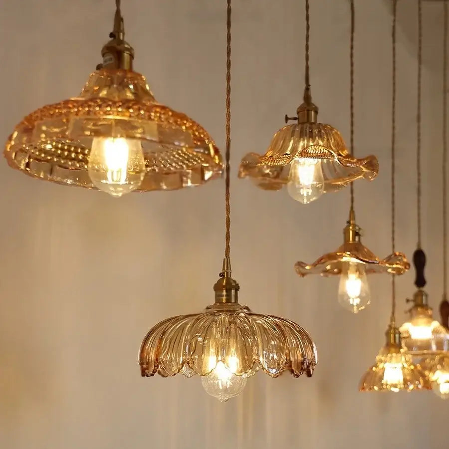 Vintage amber flower glass led pendant light dining room set