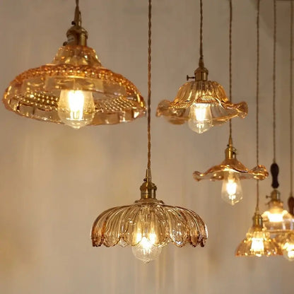 Vintage amber flower glass led pendant light dining room set