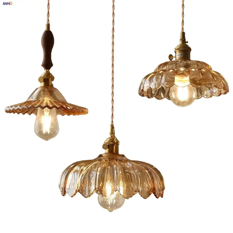 Vintage amber flower glass led pendant light dining room set