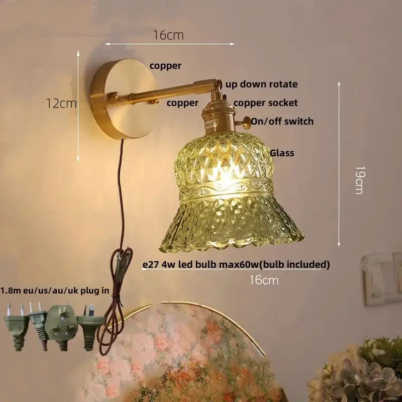 Amber flower glass wall light brass pull chain kitchen sconce