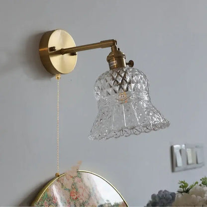Amber flower glass wall light brass pull chain kitchen sconce