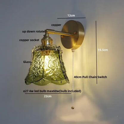 Amber flower glass wall light brass pull chain kitchen sconce