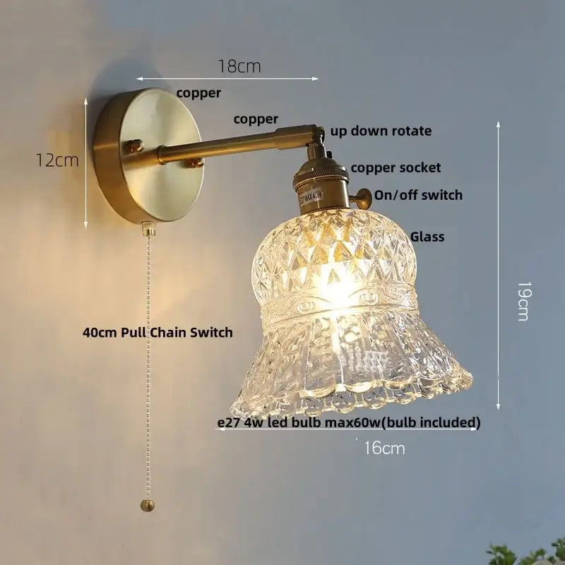 Amber flower glass wall light brass pull chain kitchen sconce