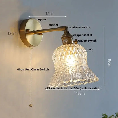 Amber flower glass wall light brass pull chain kitchen sconce