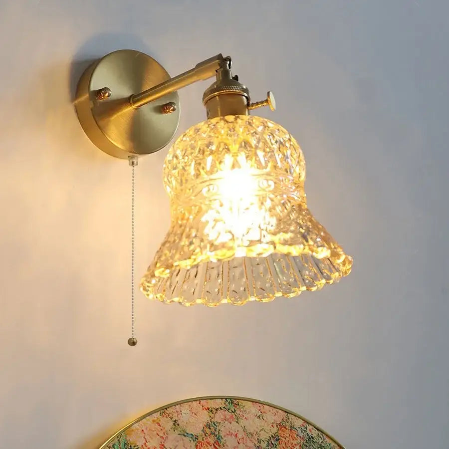 Amber flower glass wall light brass pull chain kitchen sconce