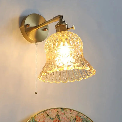 Amber flower glass wall light brass pull chain kitchen sconce