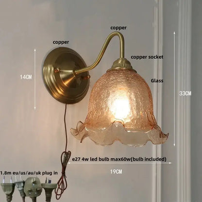 Antique brass amber flower glass wall sconce for living room