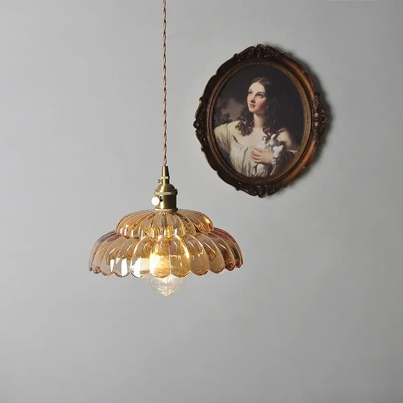 Vintage amber flower glass pendant light kitchen brass hanging lamp