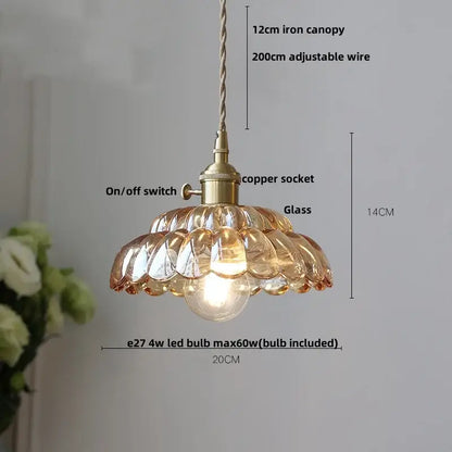 Vintage amber flower glass pendant light kitchen brass hanging lamp