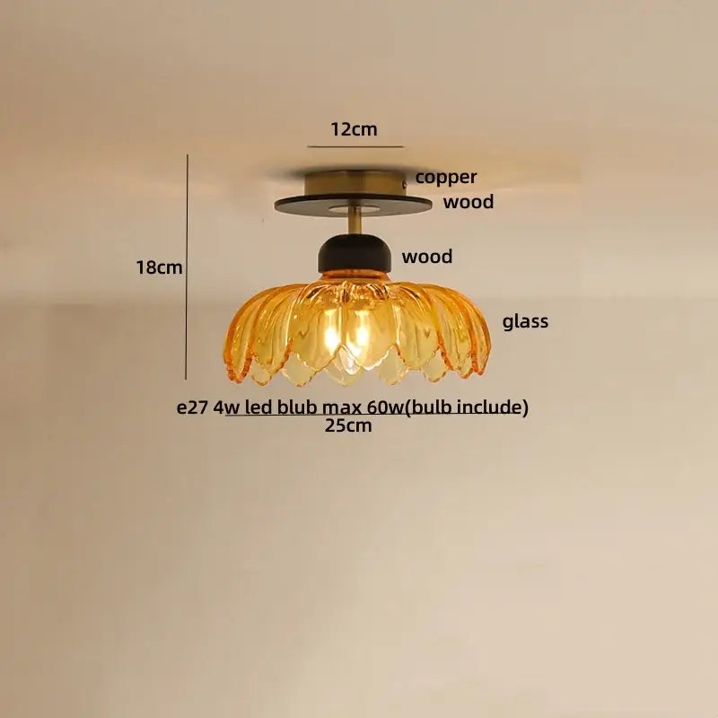 Modern amber glass petal ceiling lamp bedroom brass light