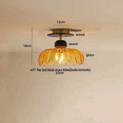 Modern amber glass petal ceiling lamp bedroom brass light