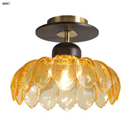 Modern amber glass petal ceiling lamp bedroom brass light