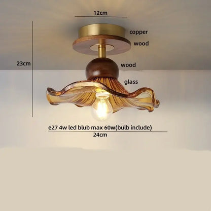 Modern amber glass petal ceiling lamp bedroom brass light