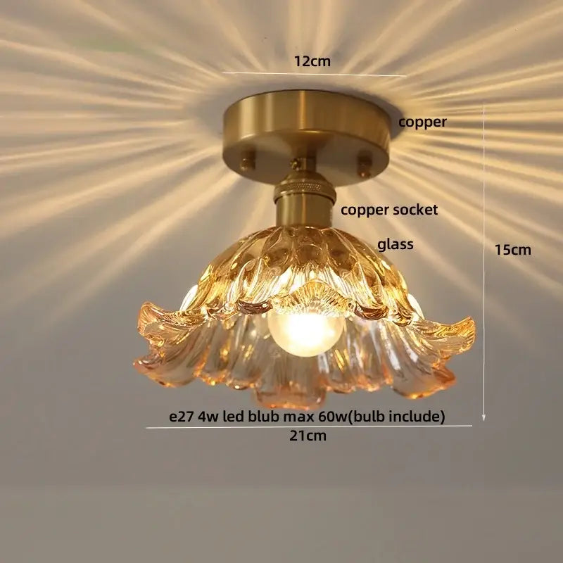 Modern amber glass petal ceiling lamp bedroom brass light