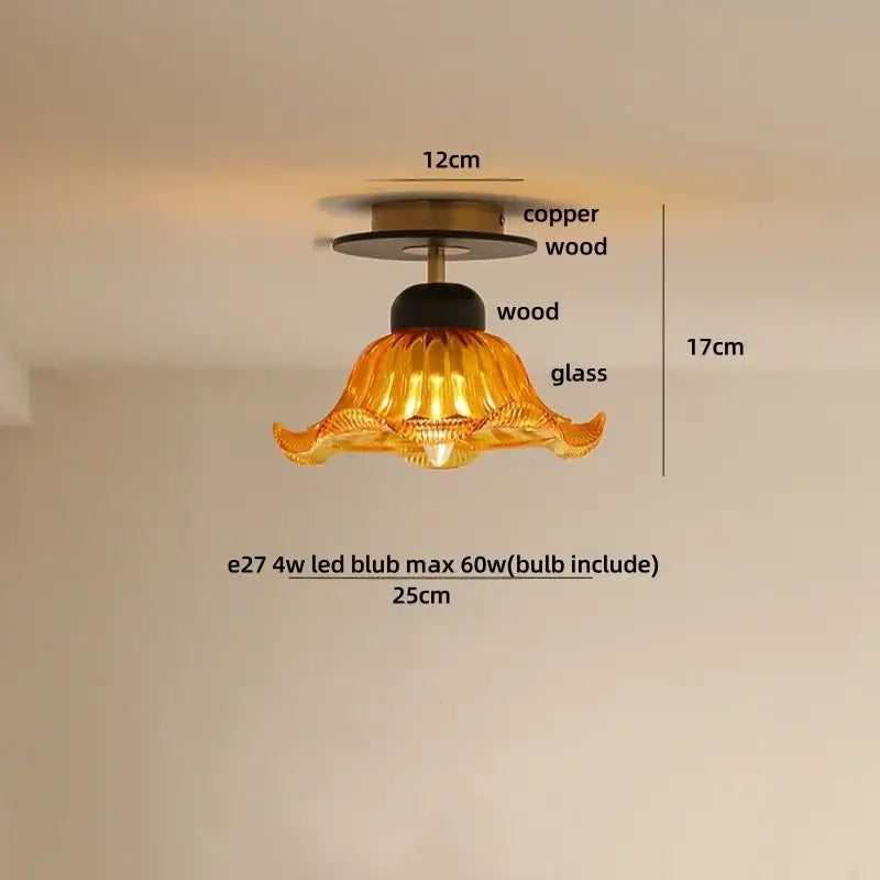 Modern amber glass petal ceiling lamp bedroom brass light