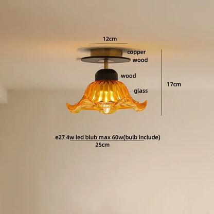 Modern amber glass petal ceiling lamp bedroom brass light