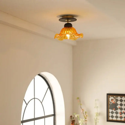 Modern amber glass petal ceiling lamp bedroom brass light