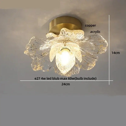 Modern amber glass petal ceiling lamp bedroom brass light