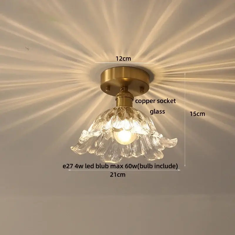 Modern amber glass petal ceiling lamp bedroom brass light