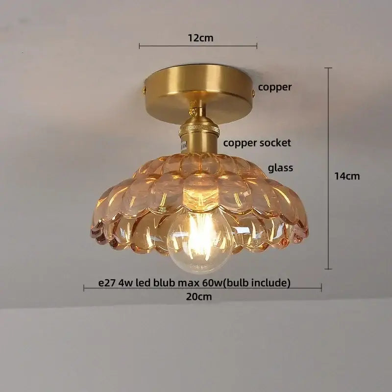 Modern amber glass petal ceiling lamp bedroom brass light