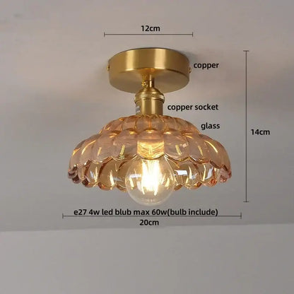 Modern amber glass petal ceiling lamp bedroom brass light