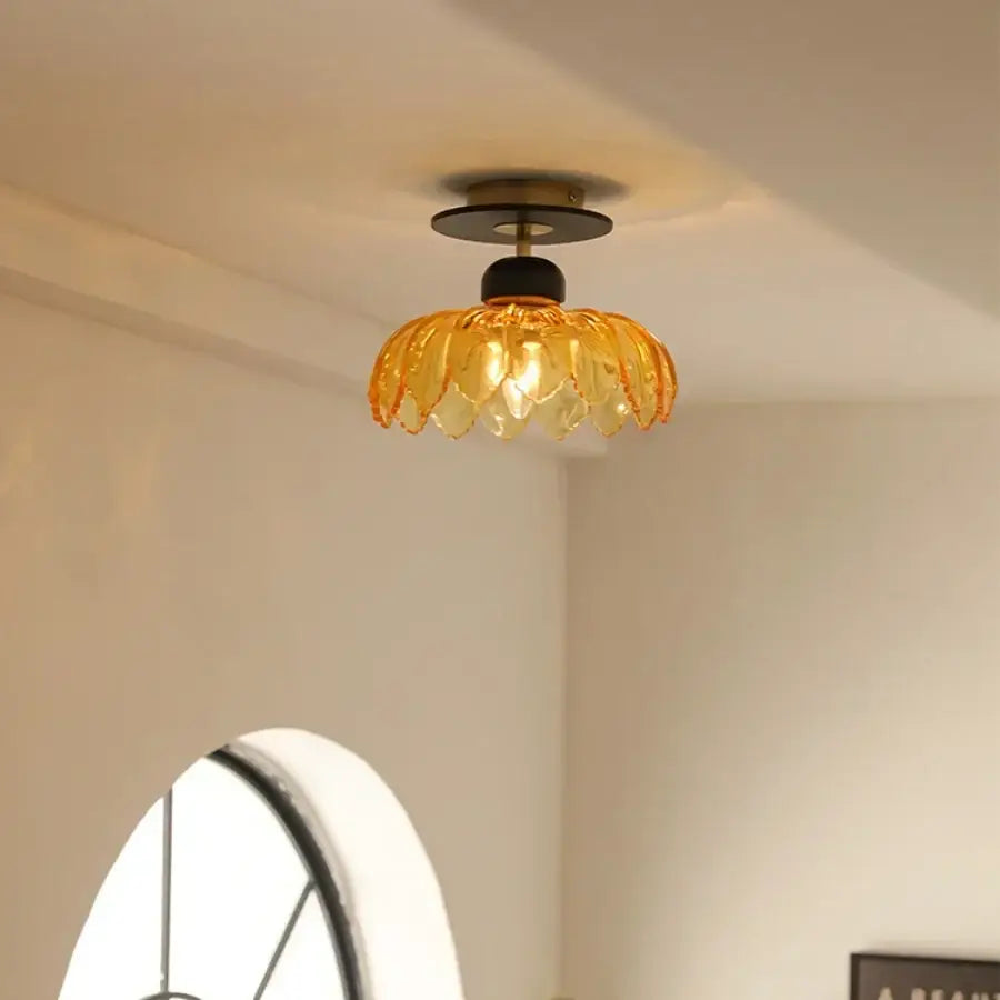 Modern amber glass petal ceiling lamp bedroom brass light