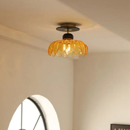 Modern amber glass petal ceiling lamp bedroom brass light