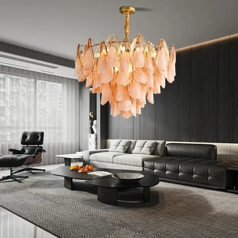 Tiered peach amber glass chandelier living room light fixture