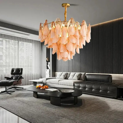 Tiered peach amber glass chandelier living room light fixture