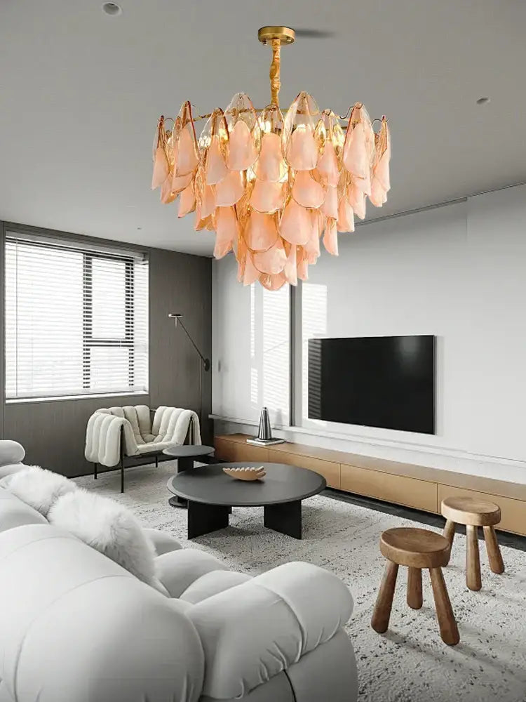 Tiered peach amber glass chandelier living room light fixture