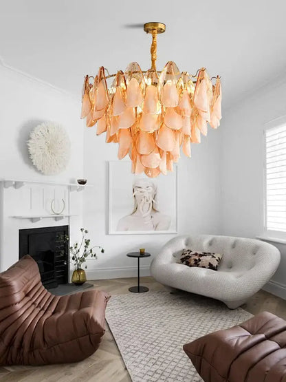 Tiered peach amber glass chandelier living room light fixture