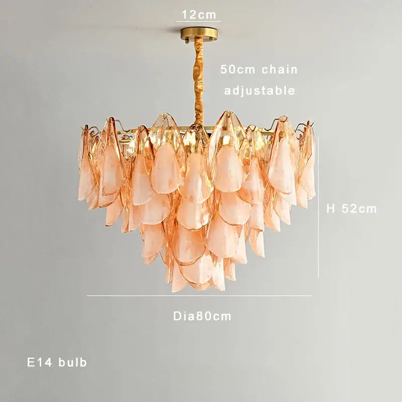 Tiered peach amber glass chandelier living room light fixture