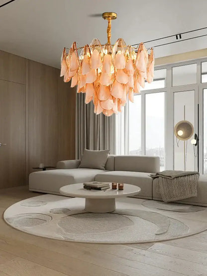 Tiered peach amber glass chandelier living room light fixture