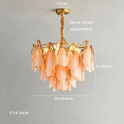Tiered peach amber glass chandelier living room light fixture