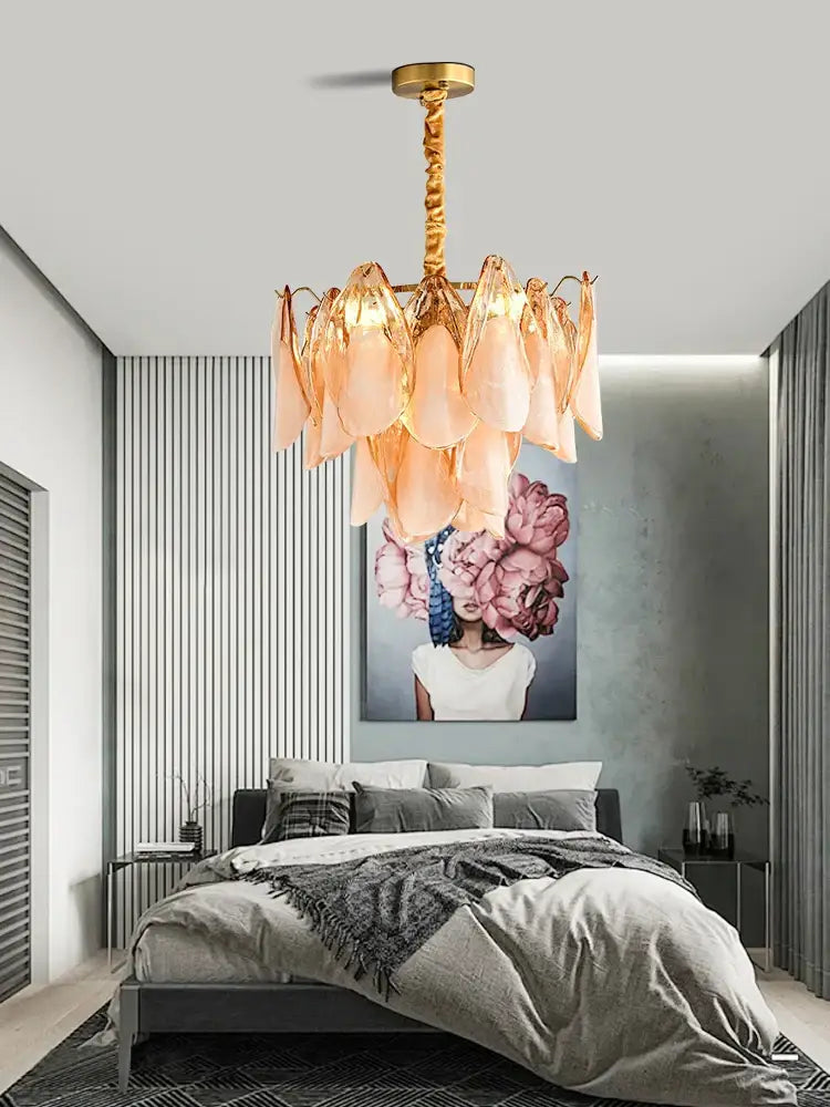 Tiered peach amber glass chandelier living room light fixture