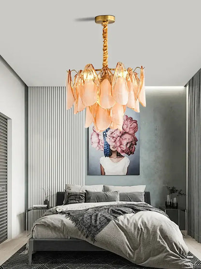 Tiered peach amber glass chandelier living room light fixture