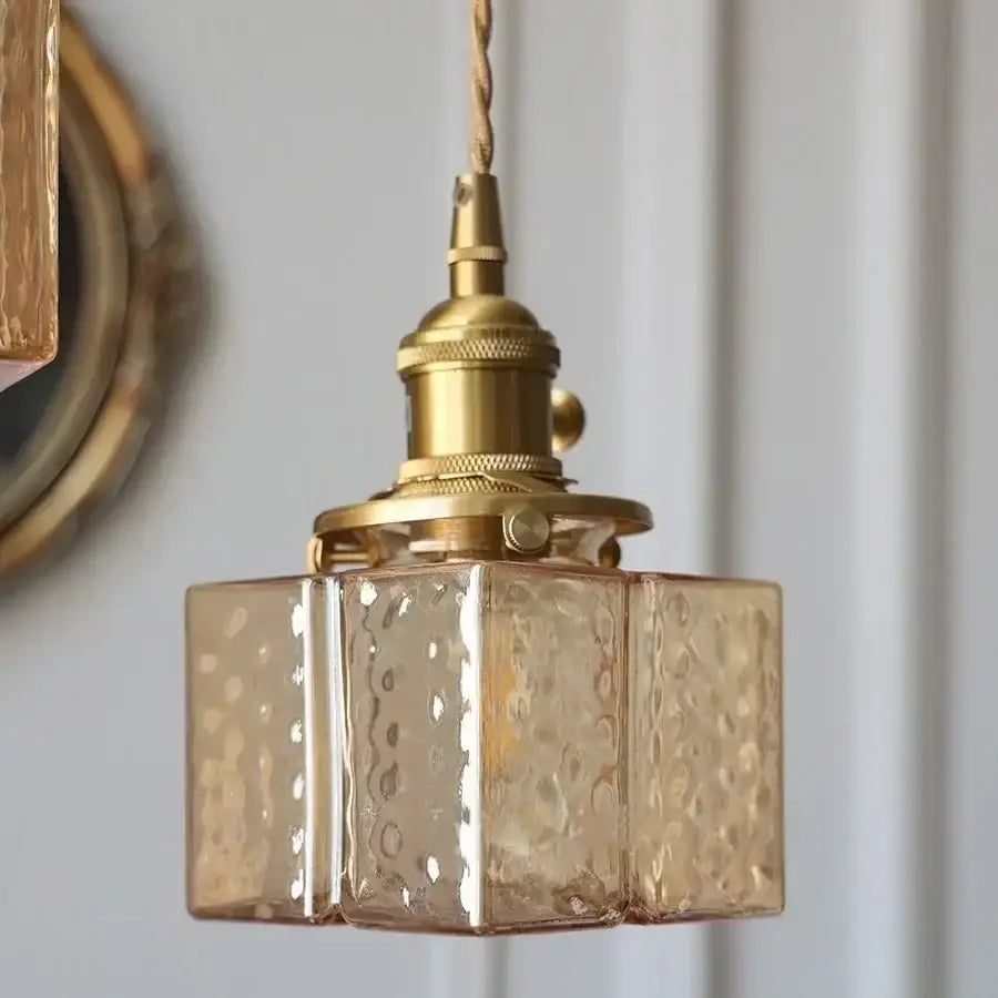 Vintage amber glass cube led pendant light kitchen brass hardware
