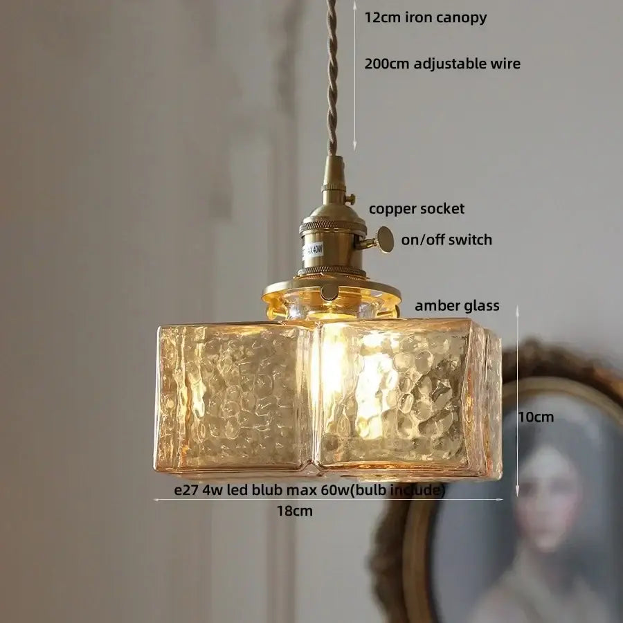 Vintage amber glass cube led pendant light kitchen brass hardware