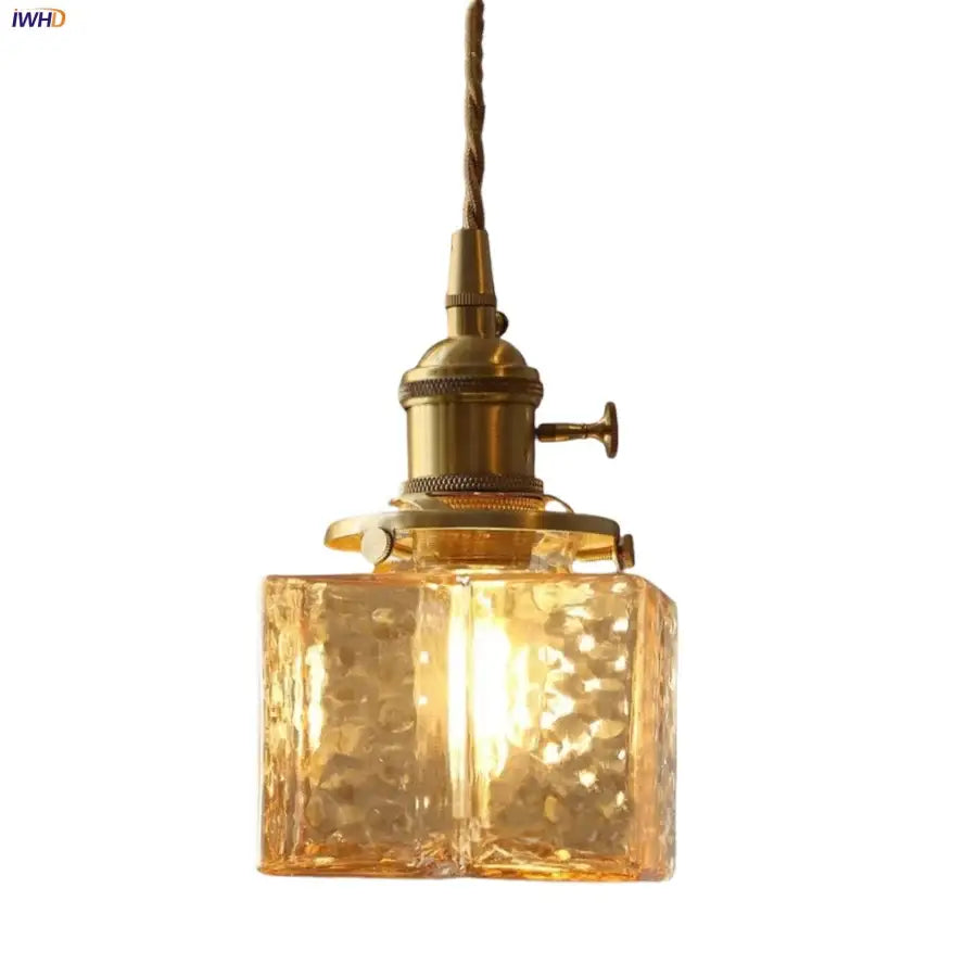 Vintage amber glass cube led pendant light kitchen brass hardware
