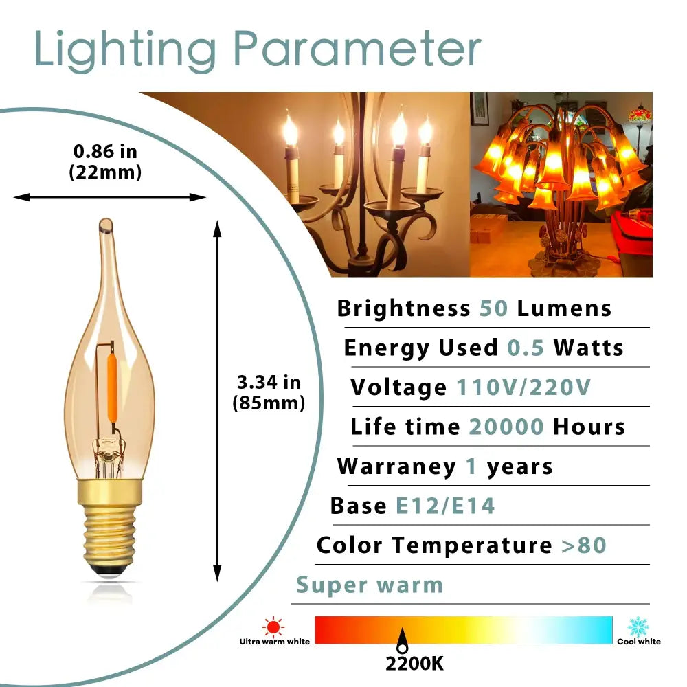 Retro amber glass led candle bulbs 12-pack bedroom night light