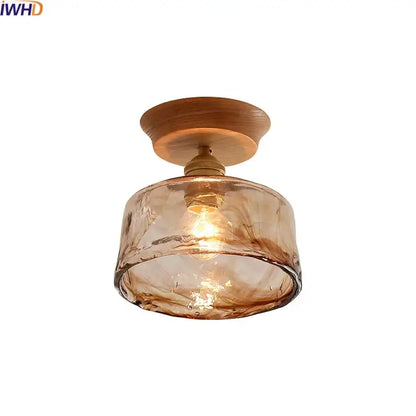 Modern amber glass led ceiling lights for dining room with wood mount