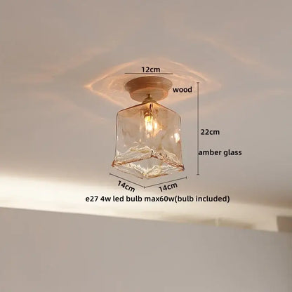 Modern amber glass led ceiling lights for dining room with wood mount