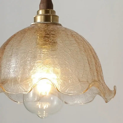 Amber glass led pendant light copper & walnut dining room
