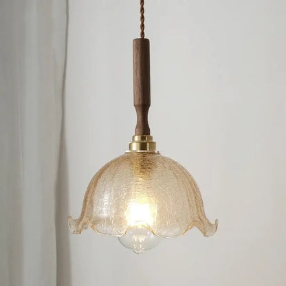 Amber glass led pendant light copper & walnut dining room