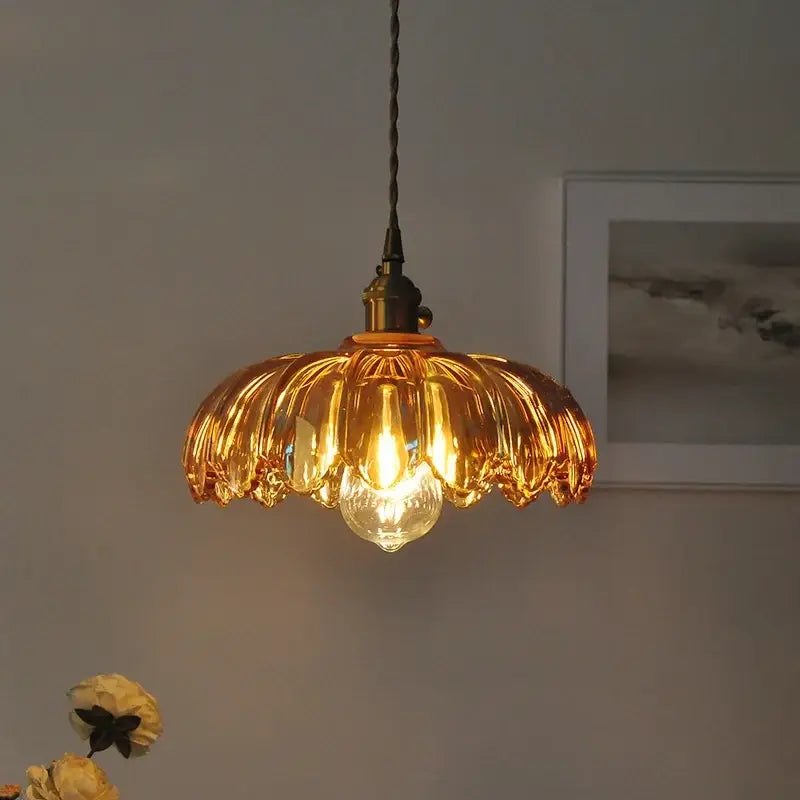 Modern petal amber glass led pendant lamp dining room brass cable