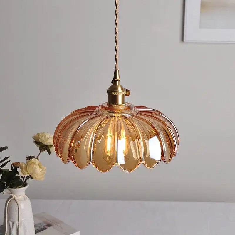 Modern petal amber glass led pendant lamp dining room brass cable