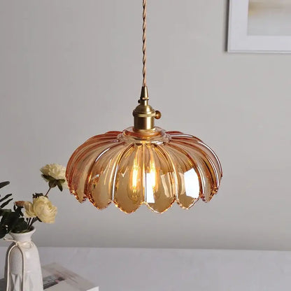Modern petal amber glass led pendant lamp dining room brass cable