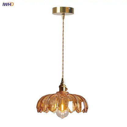 Modern petal amber glass led pendant lamp dining room brass cable