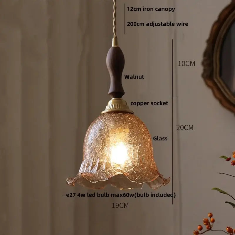 Walnut and amber glass led pendant lamp dining room hanging light